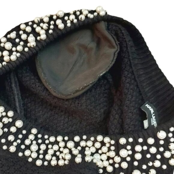 KARL LAGERFELD PARIS Black W/Pearl Embellished Neck Cable Knit Sweater Sz XL/16 - Picture 8 of 11